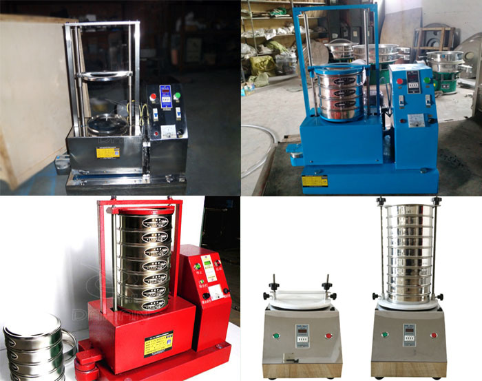 三种不同类型的试验筛，区别控制台在下部或在右侧。材质为不锈钢和碳钢两种，碳钢材质做了喷漆有：红色和蓝色两种。