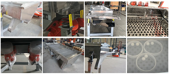 不锈钢直线筛不同定制出料口，电机，筛网，筛箱，弹跳球等部件细节展示