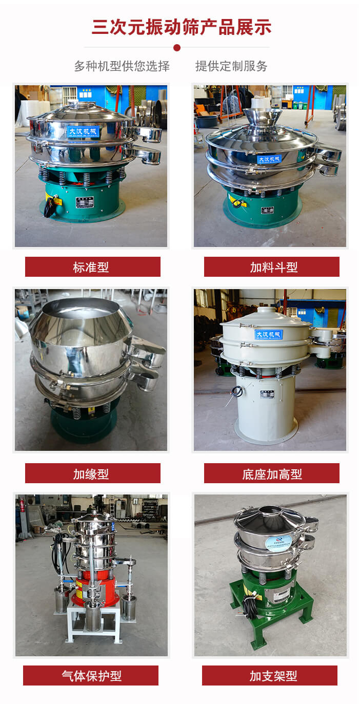 三次元振动筛不同结构展示：标准型，加料斗型，加缘型，底座加高型，气体保护型，加支架型。