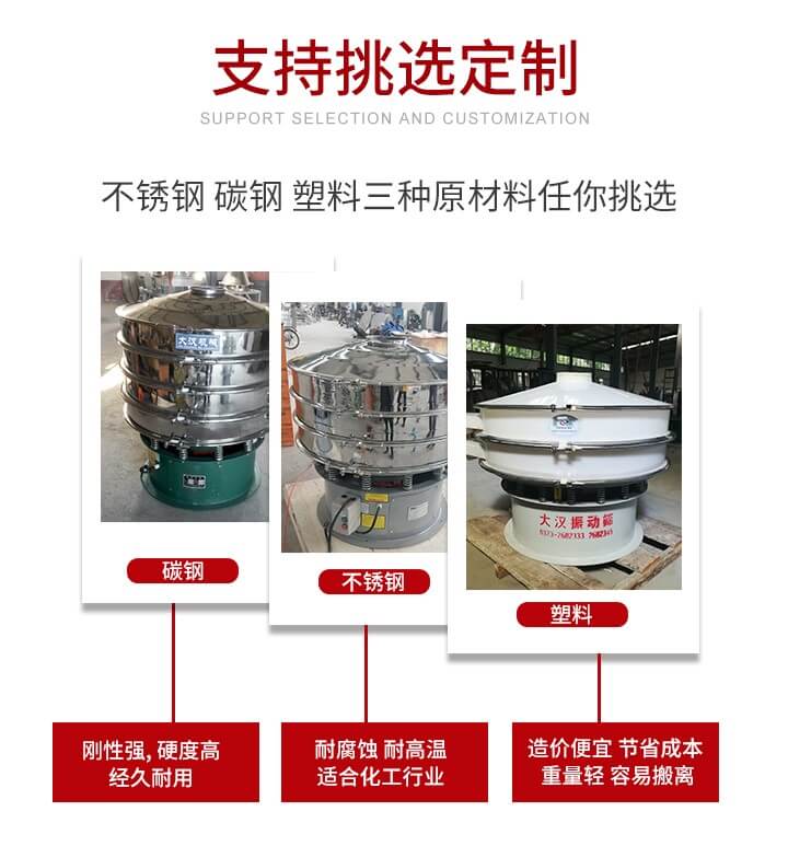 旋振筛可配置一到四层的筛网。旋振筛的筛分效率高，筛分精度高，筛分率高达96%。