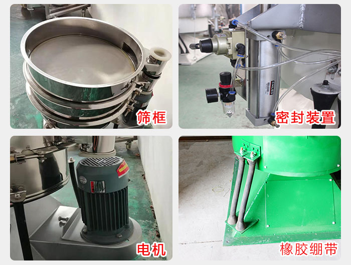 摇摆筛结构：电机，橡胶绷带，筛框，密封装置等。