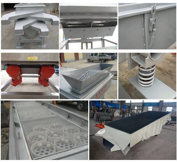 多层直线振动筛由进料口,底座,振动电机,筛网,筛框,弹簧,出料口等组成。